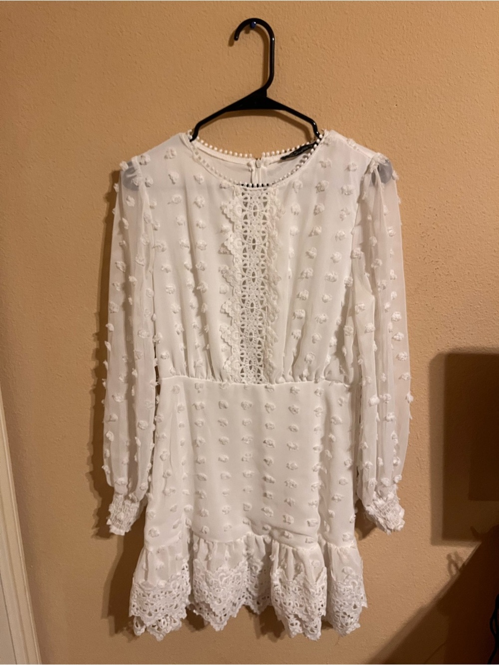 Girls' White Lace-Trim Long Sleeve Dress